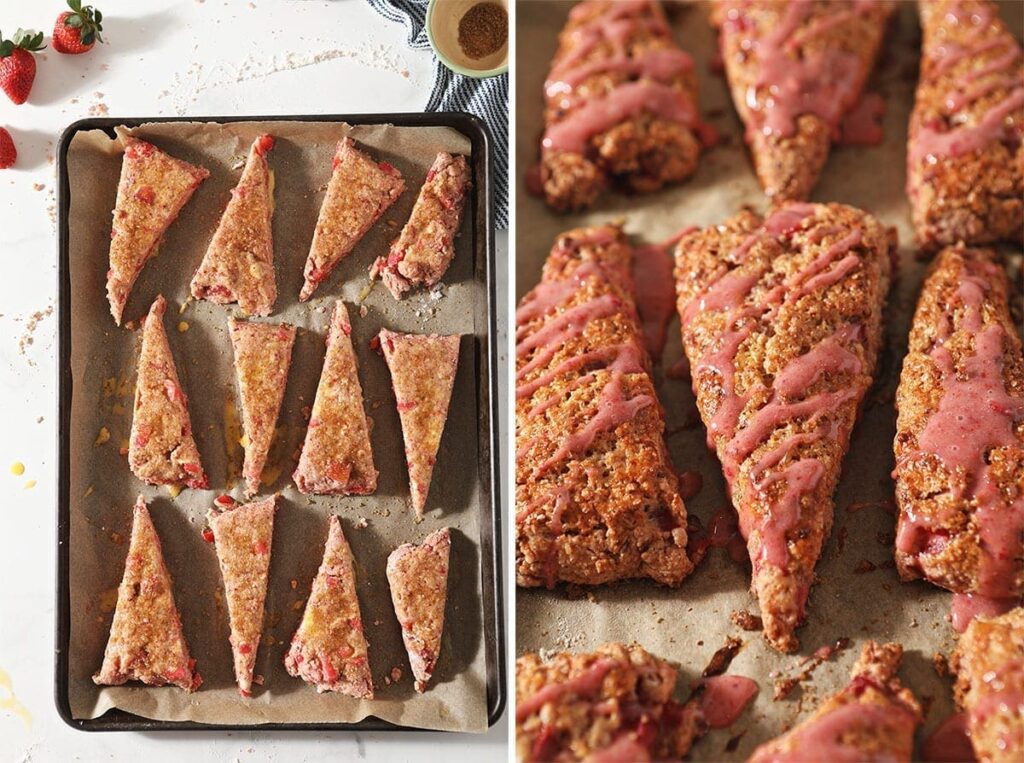 A collage of two images showing scones before baking and after, with a strawberry glaze