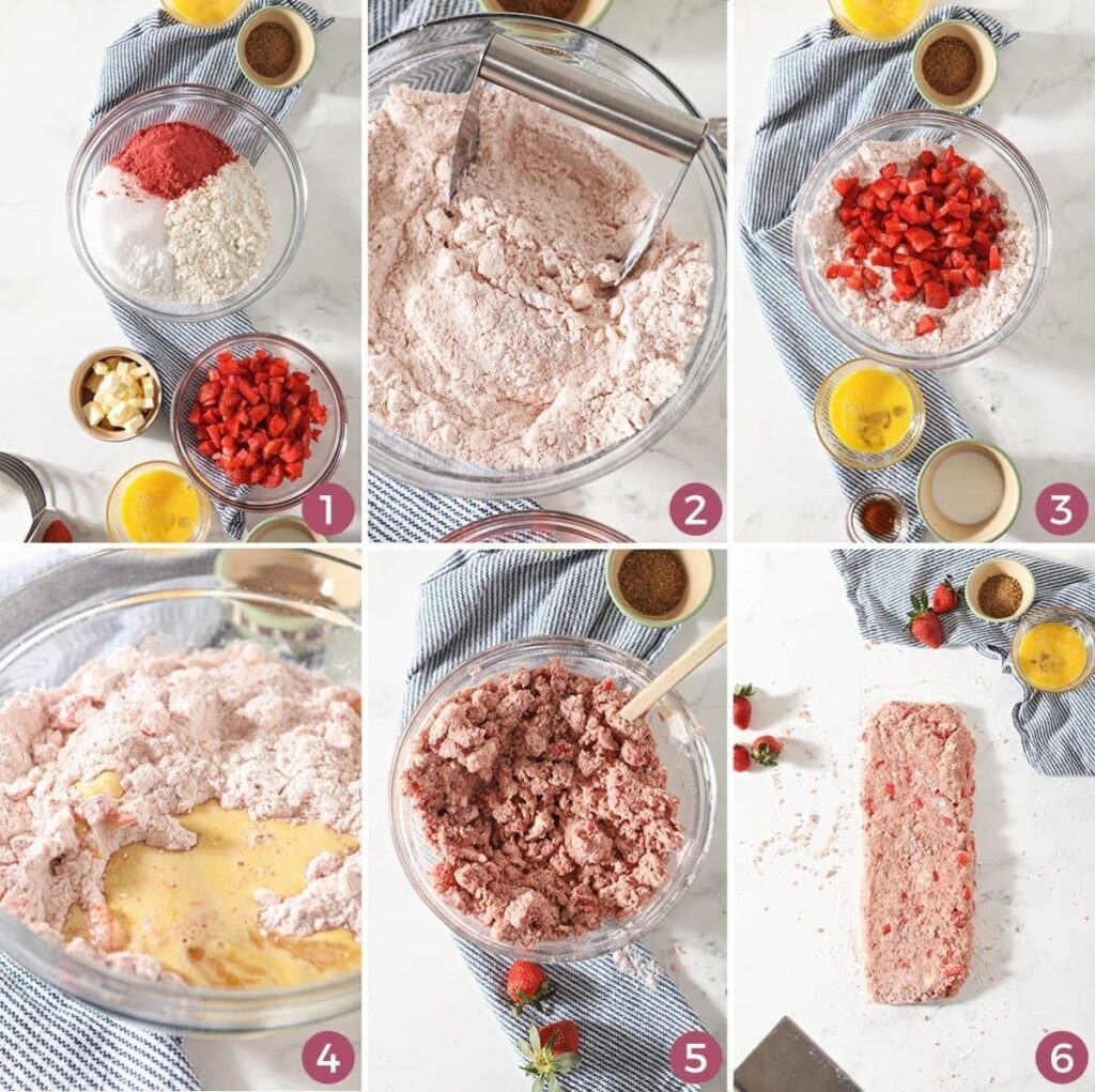 A collage of six images showing how to mix the batter and make strawberry scones from scratch