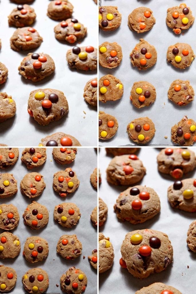 Several Reese's Pieces Peanut Butter Cookies on baking sheet 