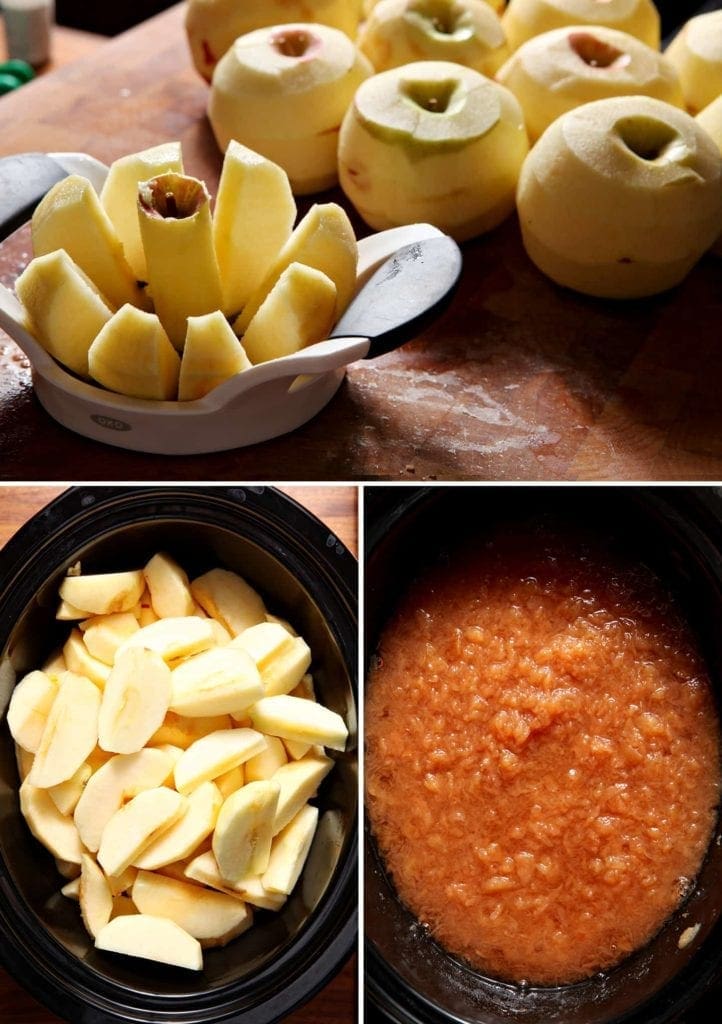 Collage of preparing apples to make slow cooker applesauce 