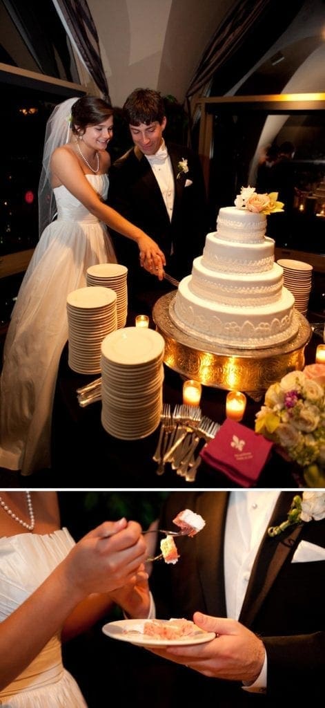 A collage of wedding images of a newlywed couple cutting a cake