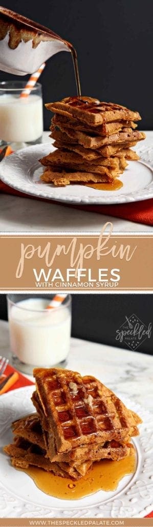 Cinnamon Maple Syrup on top of a sliced stack of Pumpkin Waffles with the text pumpkin waffles