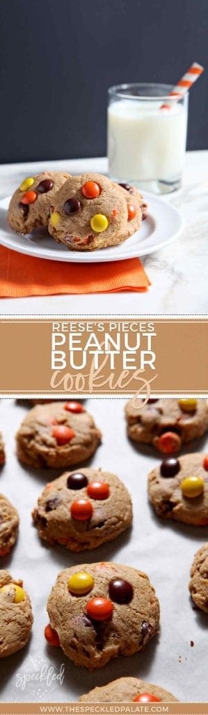 Several Reese's Pieces Peanut Butter Cookies with glass of milk 