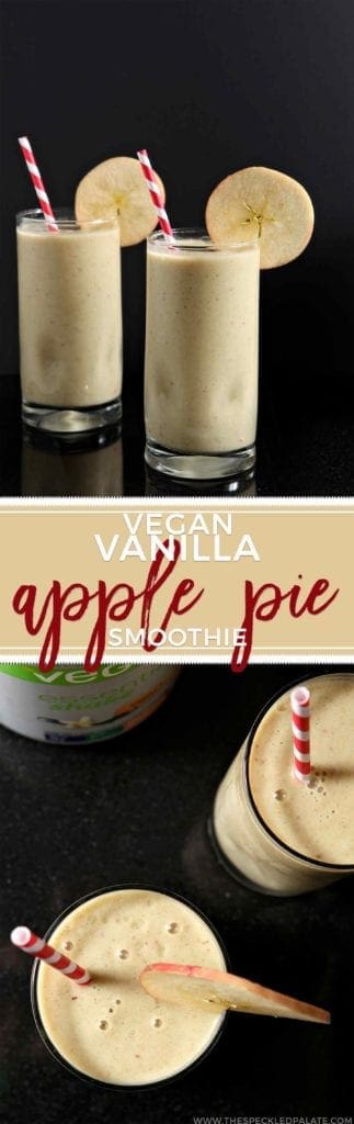 Two glasses of vegan vanilla apple pie smoothies with straws and apple garnish 