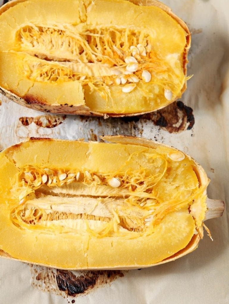 Overhead close up of two spaghetti squash halves 