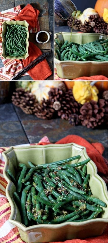 Different angles of lemon pepper green beans in a yellow serving dish
