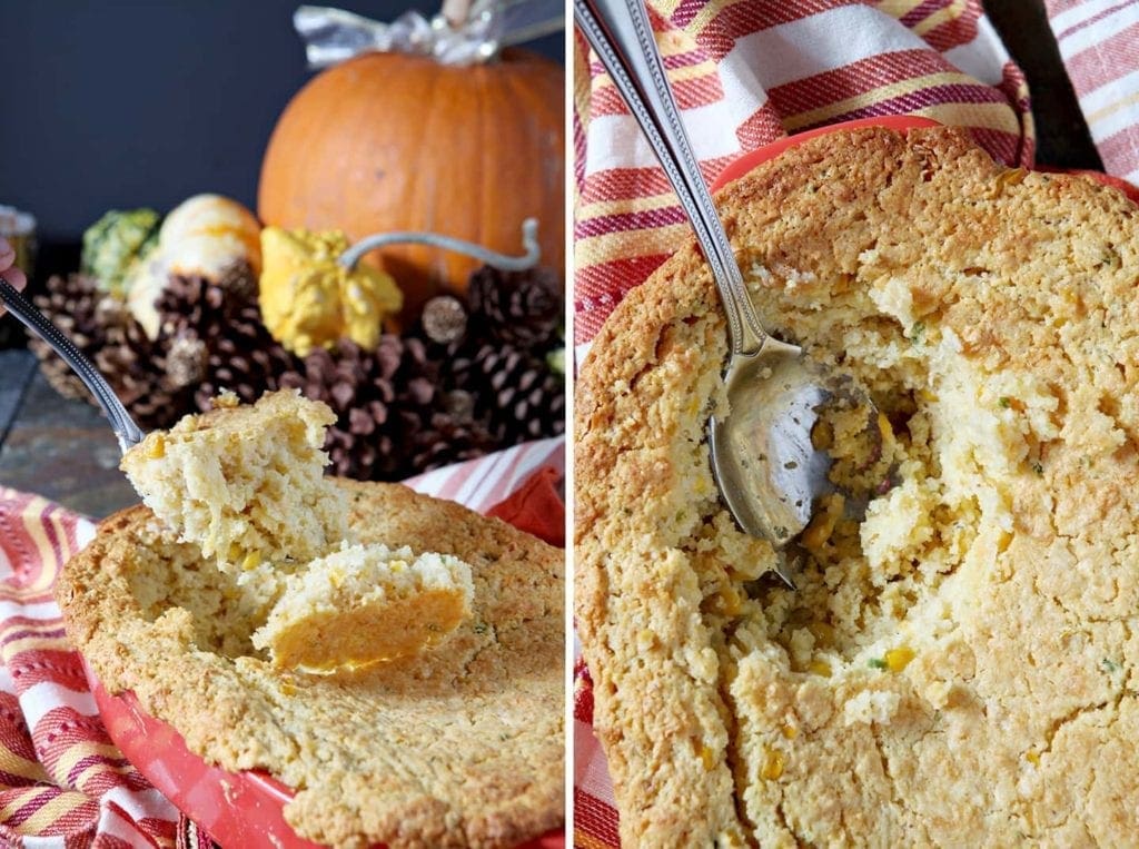 A collage of two images showing a spoon scooping into a casserole and a spoon inside a cornbread casserole after a scoop has been taken out
