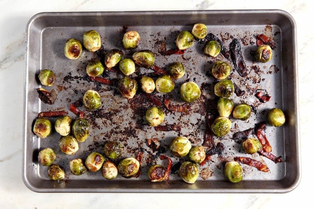 Pan of roasted Italian Brussels Sprouts 