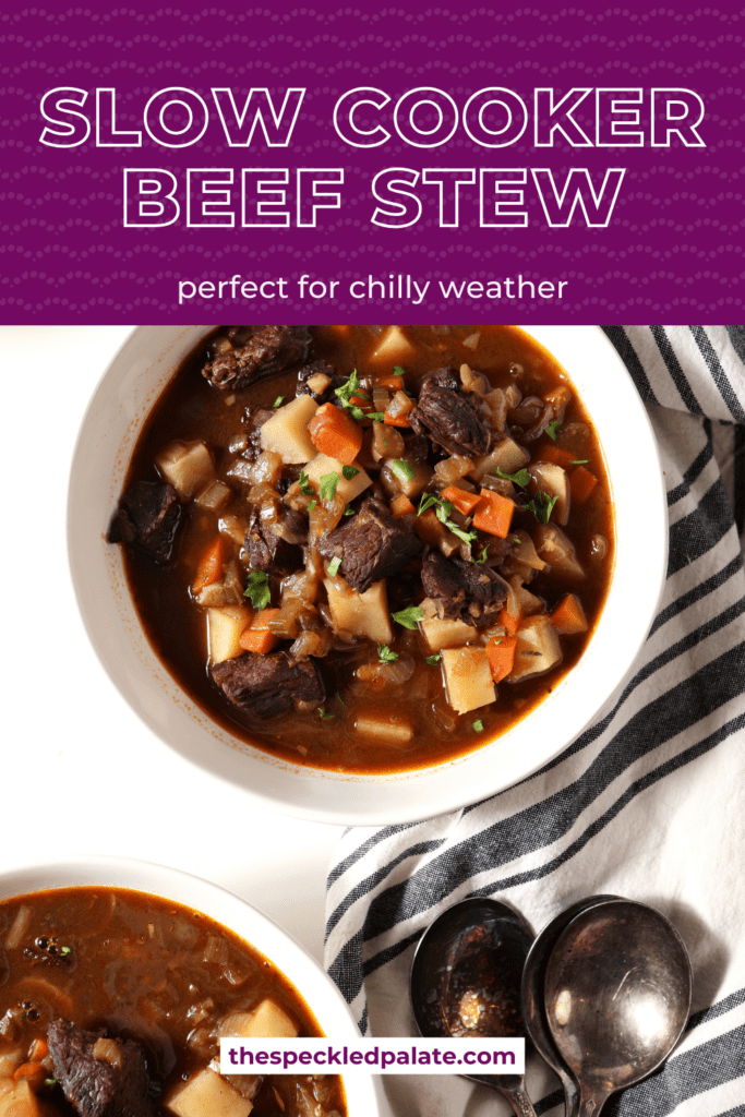 two bowls of beef stew next to striped linens with the text slow cooker beef stew perfect for chilly weather