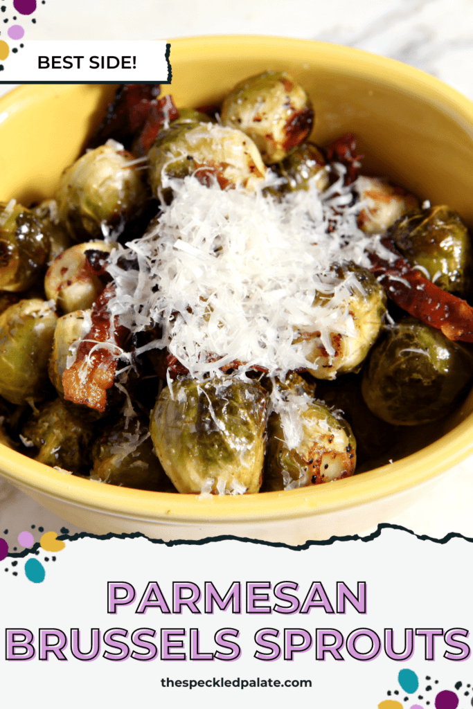 closeup of brussels sprouts topped with prosciutto and parmesan with the text parmesan brussels sprouts