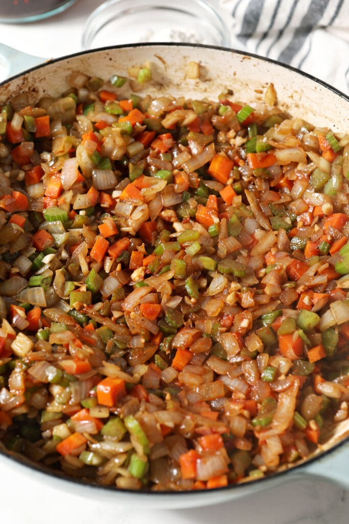 Cooked veggies in a skillet