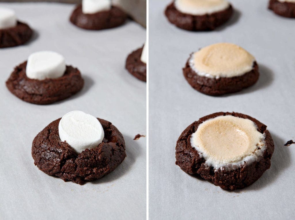 Before and after picture of marshmallow on top of cookie 