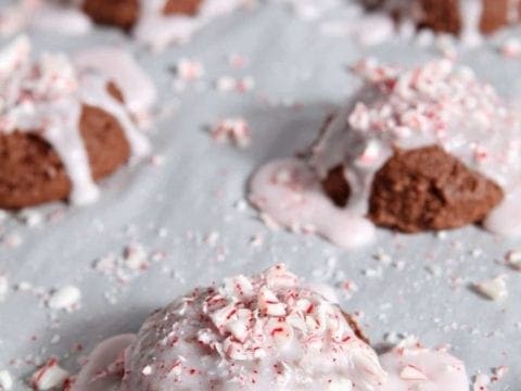 Close up of brownie cookies with peppermint icing 
