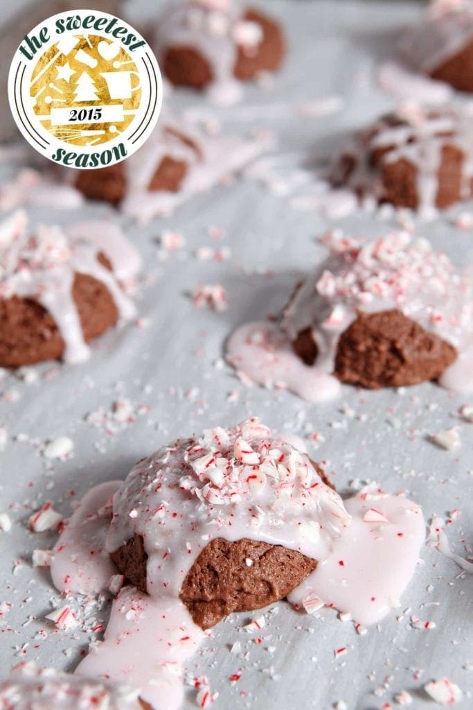 Close up of brownie cookies with peppermint icing 