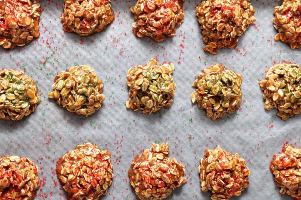 Close up of speculoos no-bake cookies laid out on parchment paper 