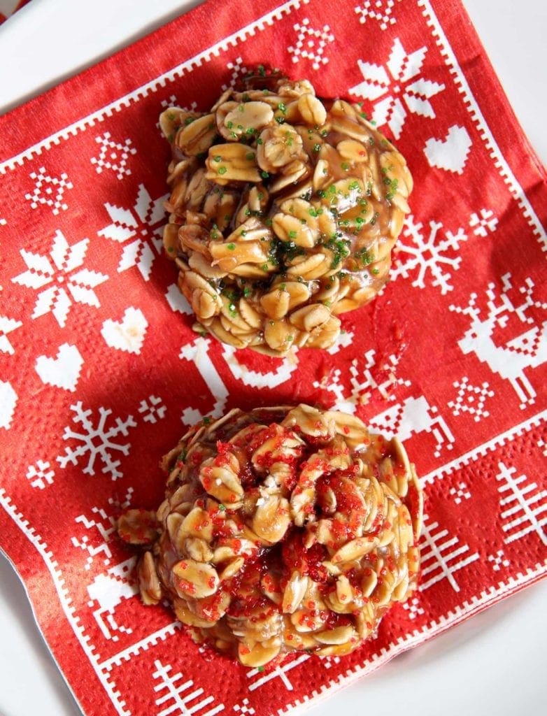 Overhead close up of cookies on red holiday napkin 