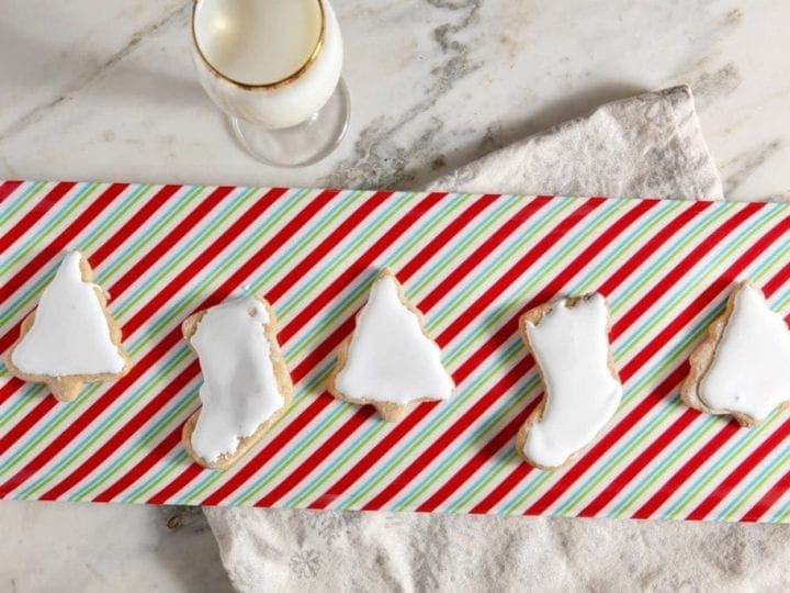 Overhead view of sweet potato sugar cookies on christmas platter
