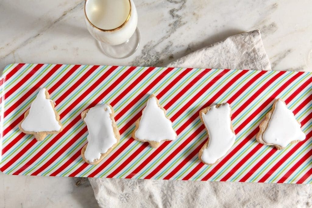 Overhead view of sweet potato sugar cookies on christmas platter 