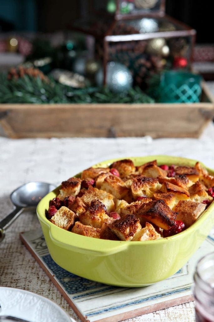 Cranberry Overnight French Toast in yellow casserole dish 