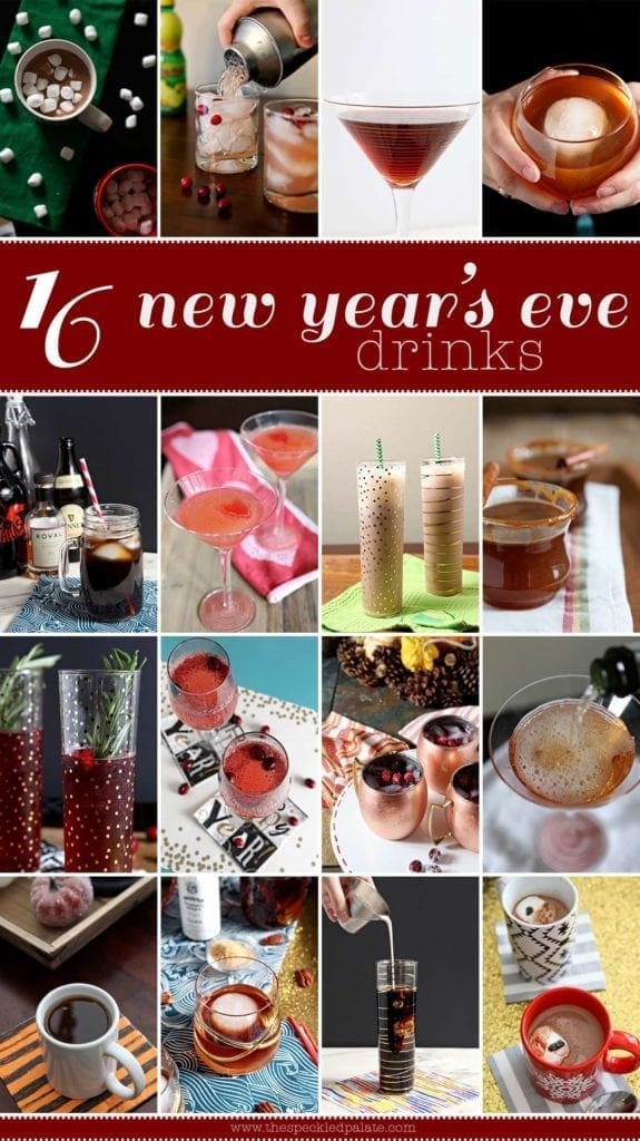 Collage of 16 cocktails and mocktails to make as New Year's Eve drinks