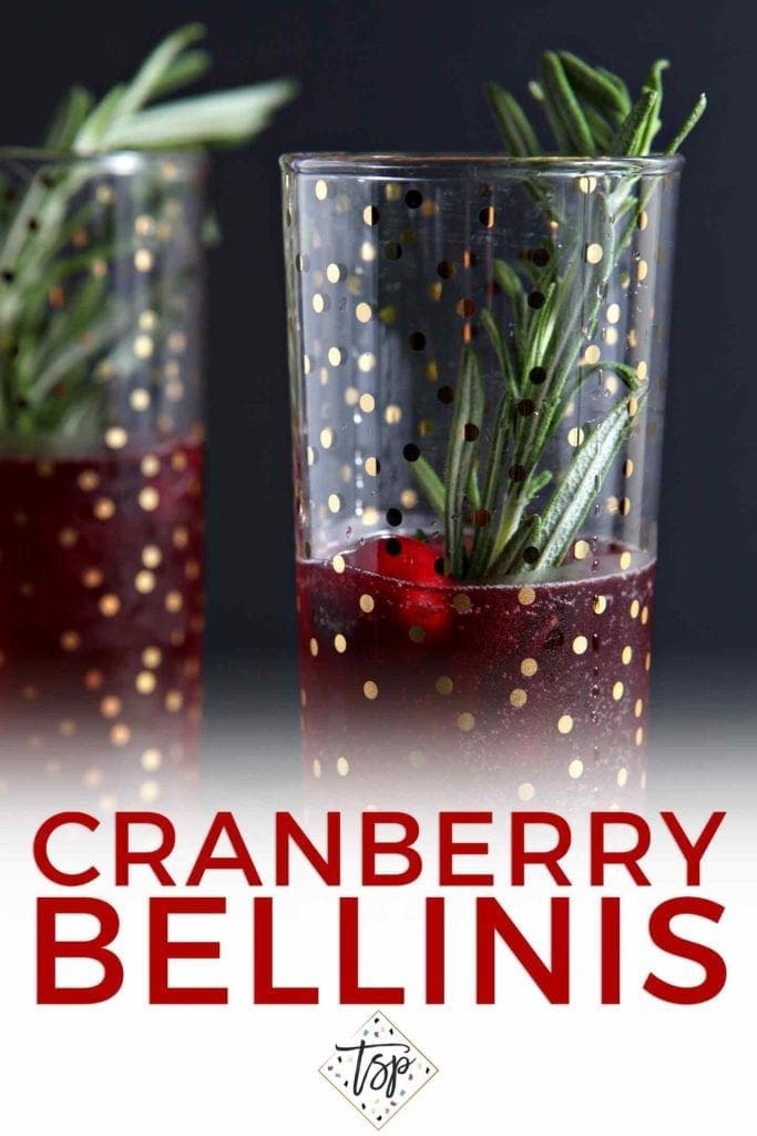 Pinterest graphic for Cranberry Bellinis, featuring two bellinis up close and Pinterest text