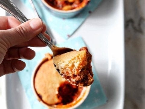 Spoonful of chili from a bowl of chili cornbread pot pie