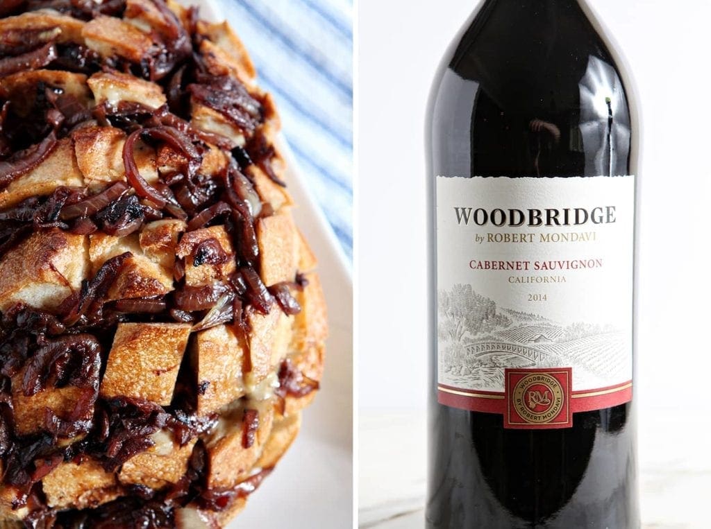 Side by side picture of Cheesy French Onion bread and a bottle of wine 