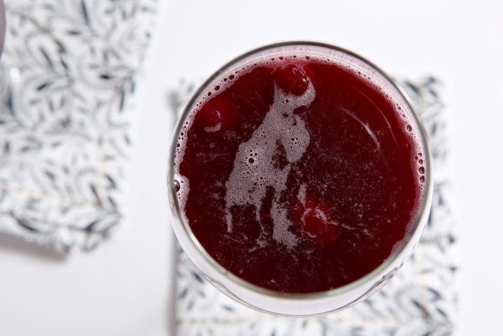 Overhead view of winter sangria in glass 