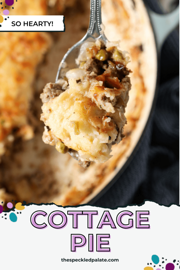 A spoon of cottage pie lifts from a round baking dish with the text cottage pie