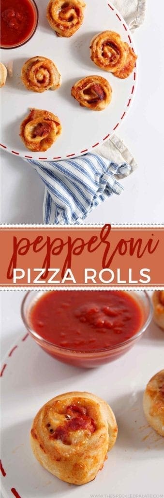 Pepperoni pizza rolls on white platter with dipping sauce 