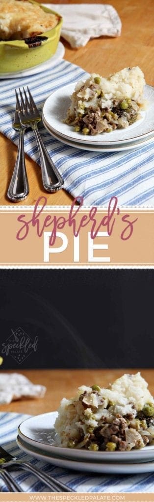 Pinterest collage of two photos of Shepherd's Pie, sitting on a table hot out of the oven