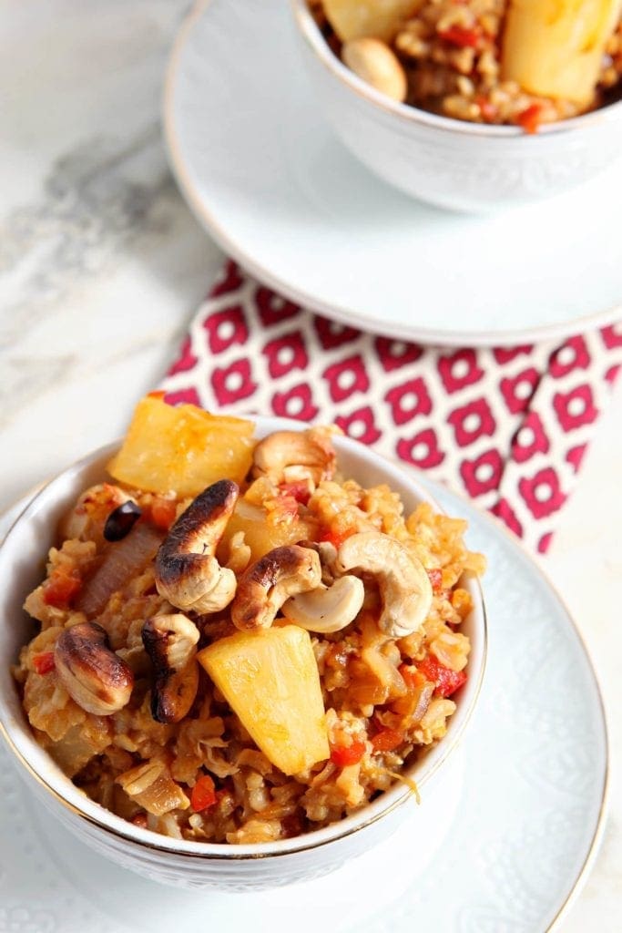 Overhead view of Pineapple Fried Rice in white bowl 