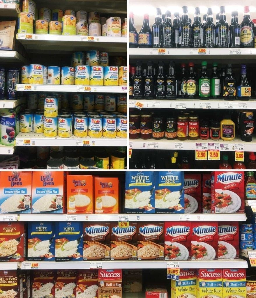 Grocery store aisles of ingredients for Pineapple Fried Rice 