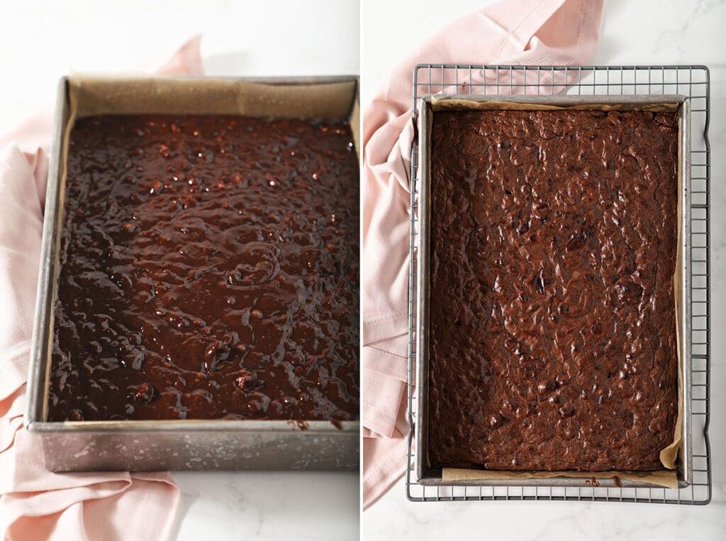 Collage showing brownies before and after baking