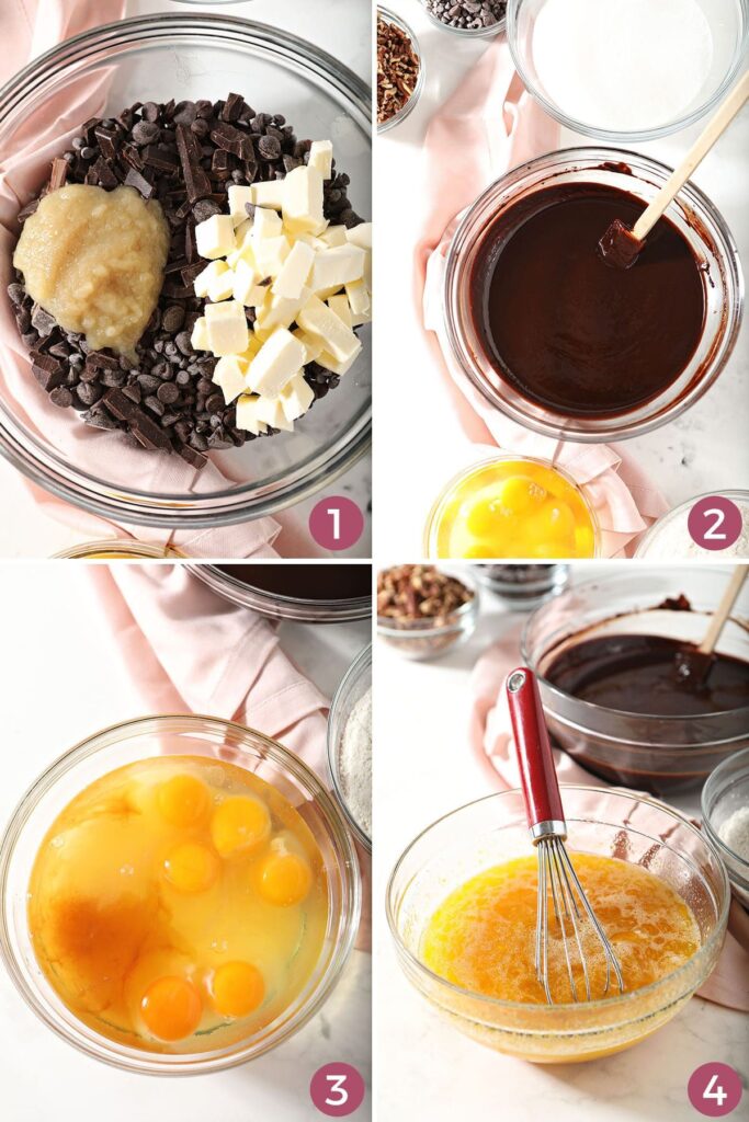 Collage showing how to melt chocolate and mix eggs for brownies