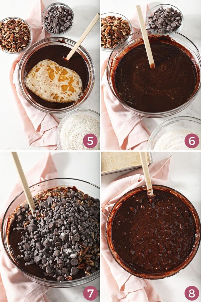 Collage showing how to put brownie batter together with bourbon, pecans and chocolate chips