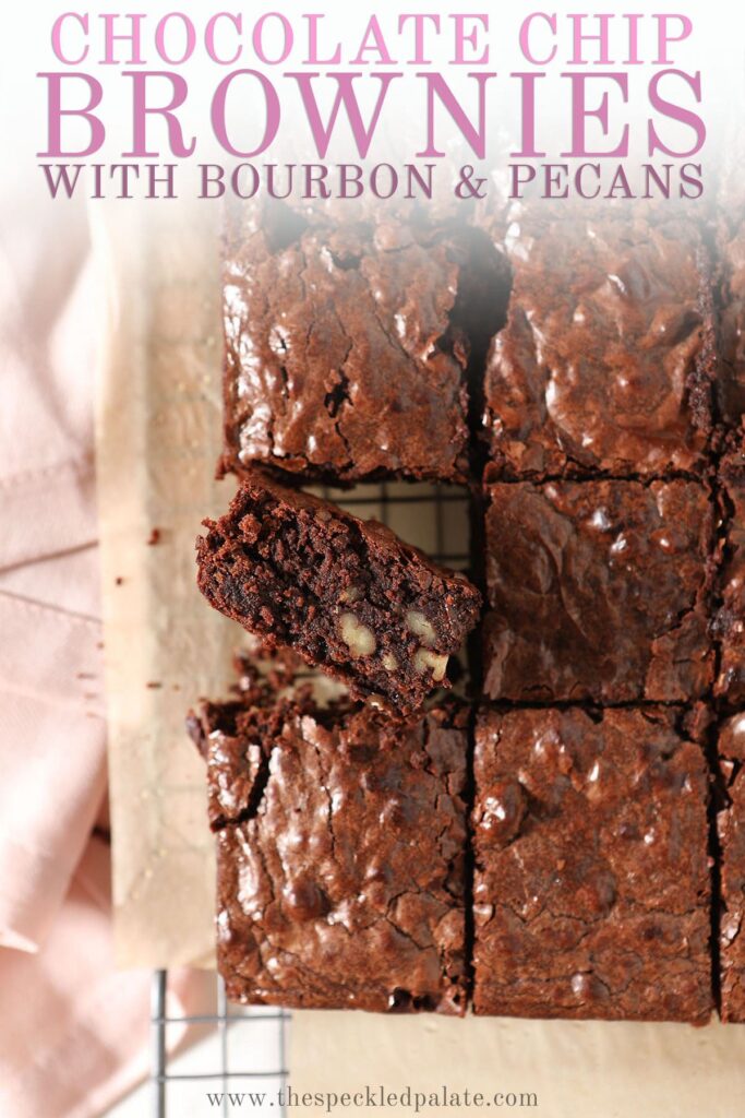 Sliced brownies on a cooling rack with the text chocolate chip brownies with bourbon and pecans