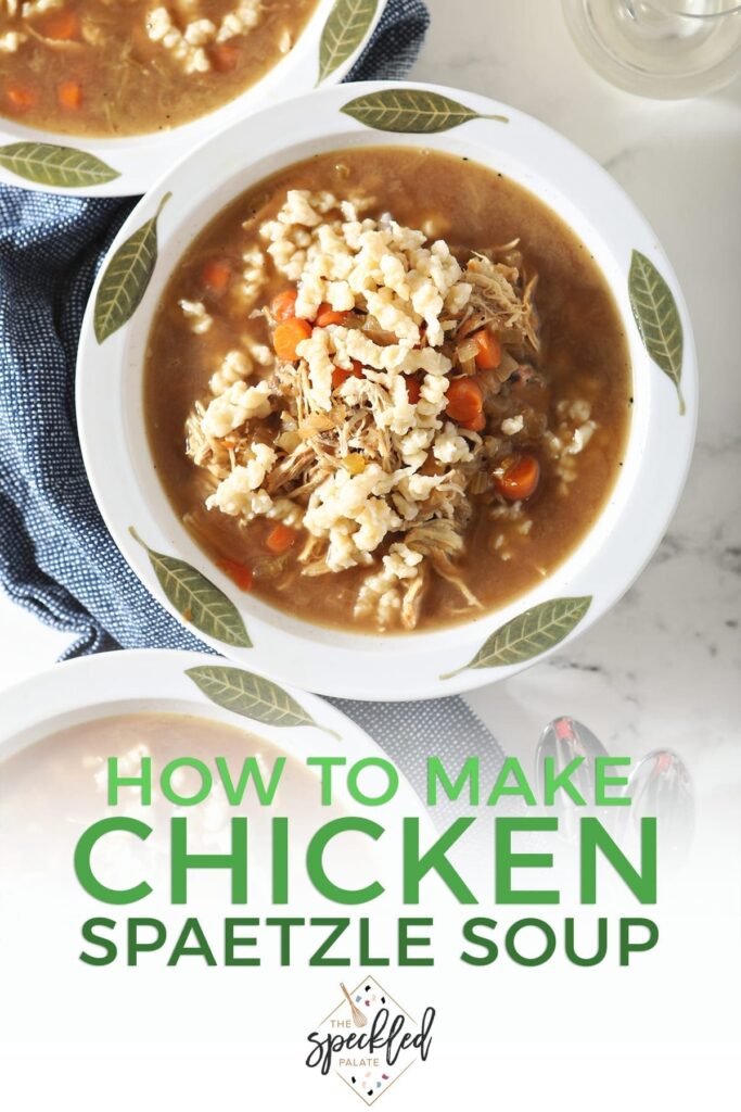 A bowl of soup on a table, with Chicken and Noodle