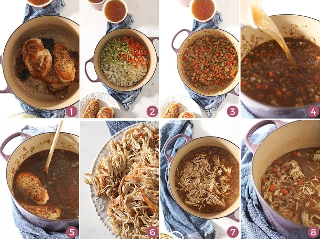 Collage of eight images showing how to make chicken spaetzle soup