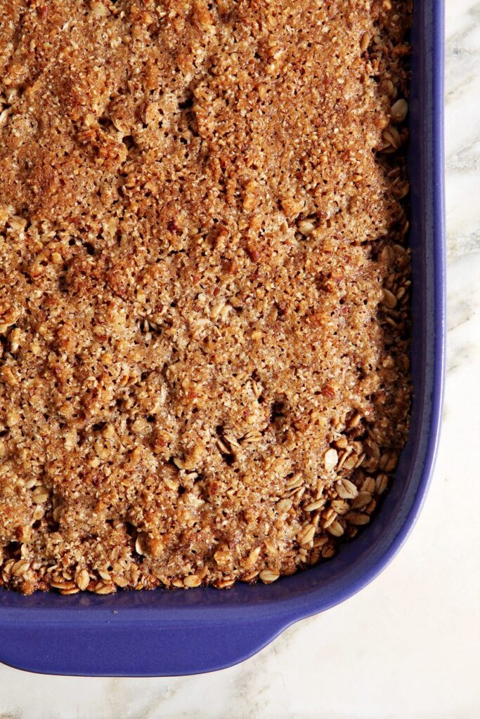 Overhead of a casserole dish of baked oatmeal after baking