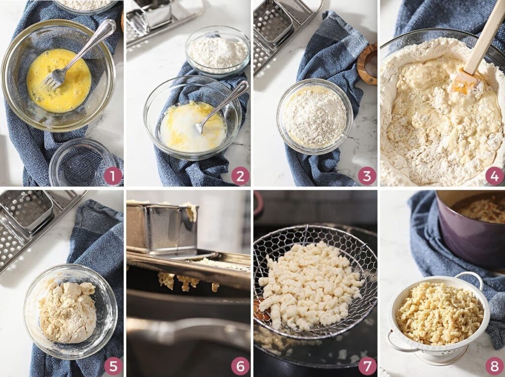 Collage of eight images showing how to make spaetzle (German noodles)