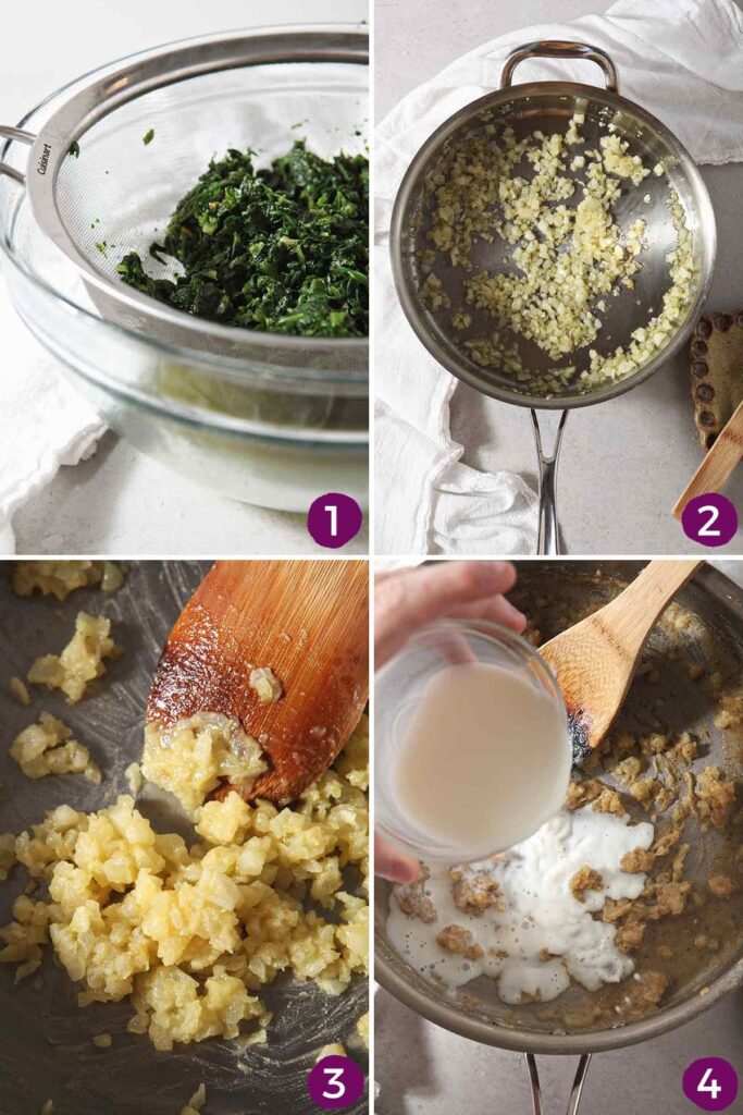 Collage showing how to drain spinach and how to make a creamy sauce for spinach