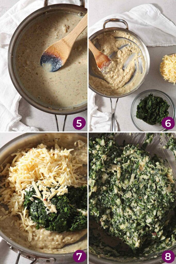 Collage showing how to make and finalize spinach Madeline