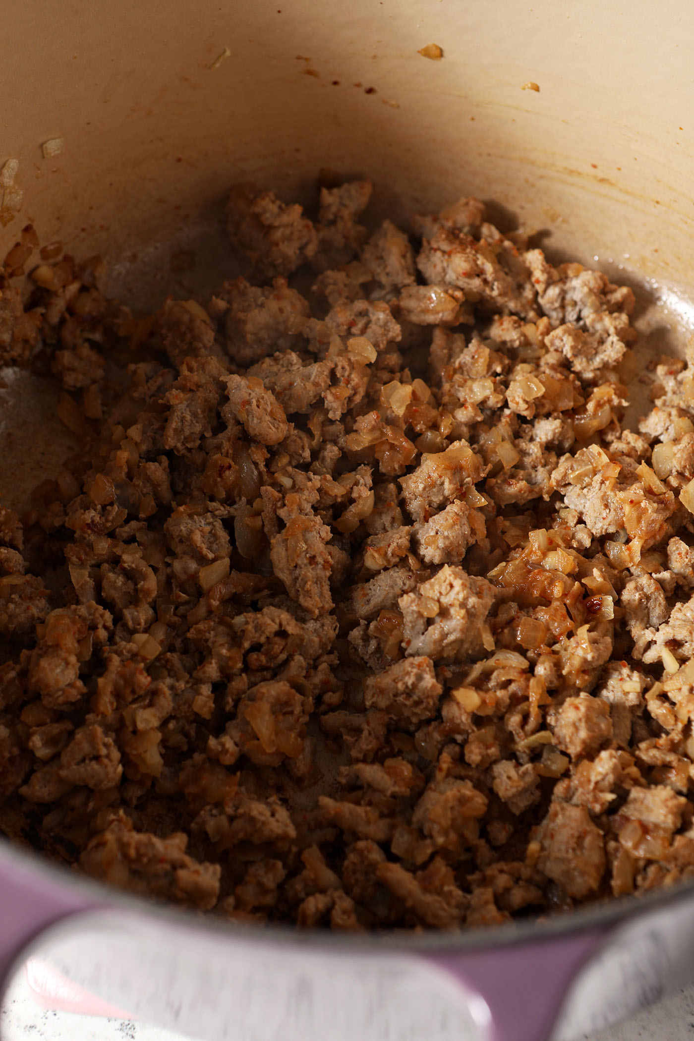 Cooked ground turkey in a dutch oven