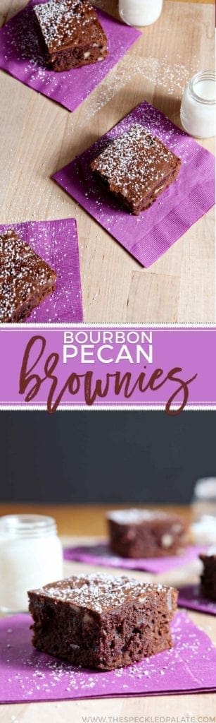 Collage of bourbon pecan brownies on purple napkins with text