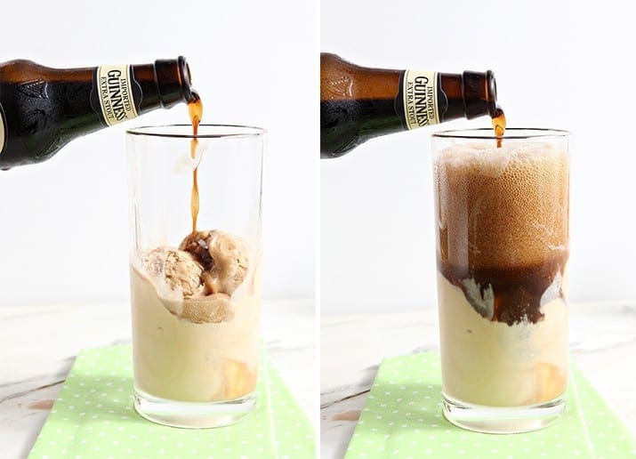 Collage of two images showing Guinness pouring on top of salted caramel ice cream