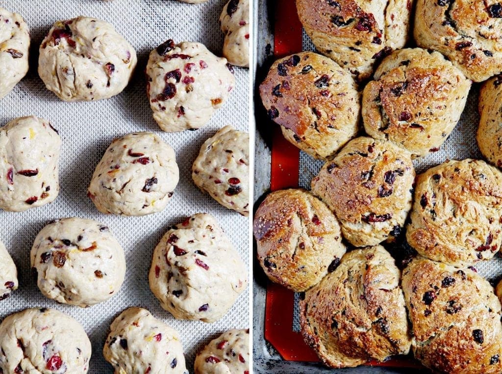 Sheet of raw fruit bun dough next to sheet of baked fruit buns 