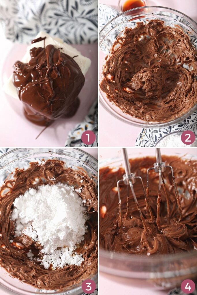 A collage of four images showing how to make chocolate cheesecake dip