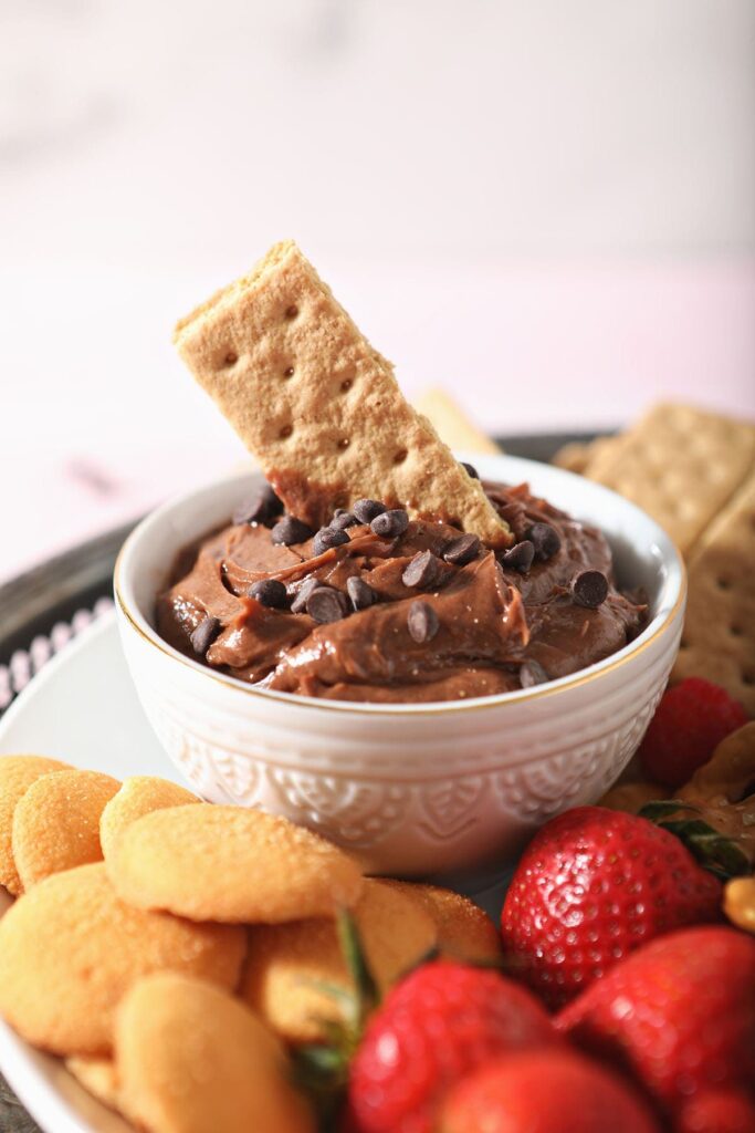 A graham cracker sits inside a bowl of chocolate cheesecake dip