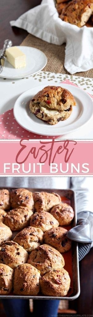 Celebrate Easter by baking Easter Fruit Buns this year. These homemade buns are chock full of currants, raisins, apricots and cranberries. Make a simple sponge starter to begin the process, then add the dried fruits soaked in rum, butter and eggs before mixing the batter together. After two risings, the buns are brushed with an egg wash and ready to bake! These buns are time intensive, but they are the perfect sweet accompaniment to Easter breakfast. #ad